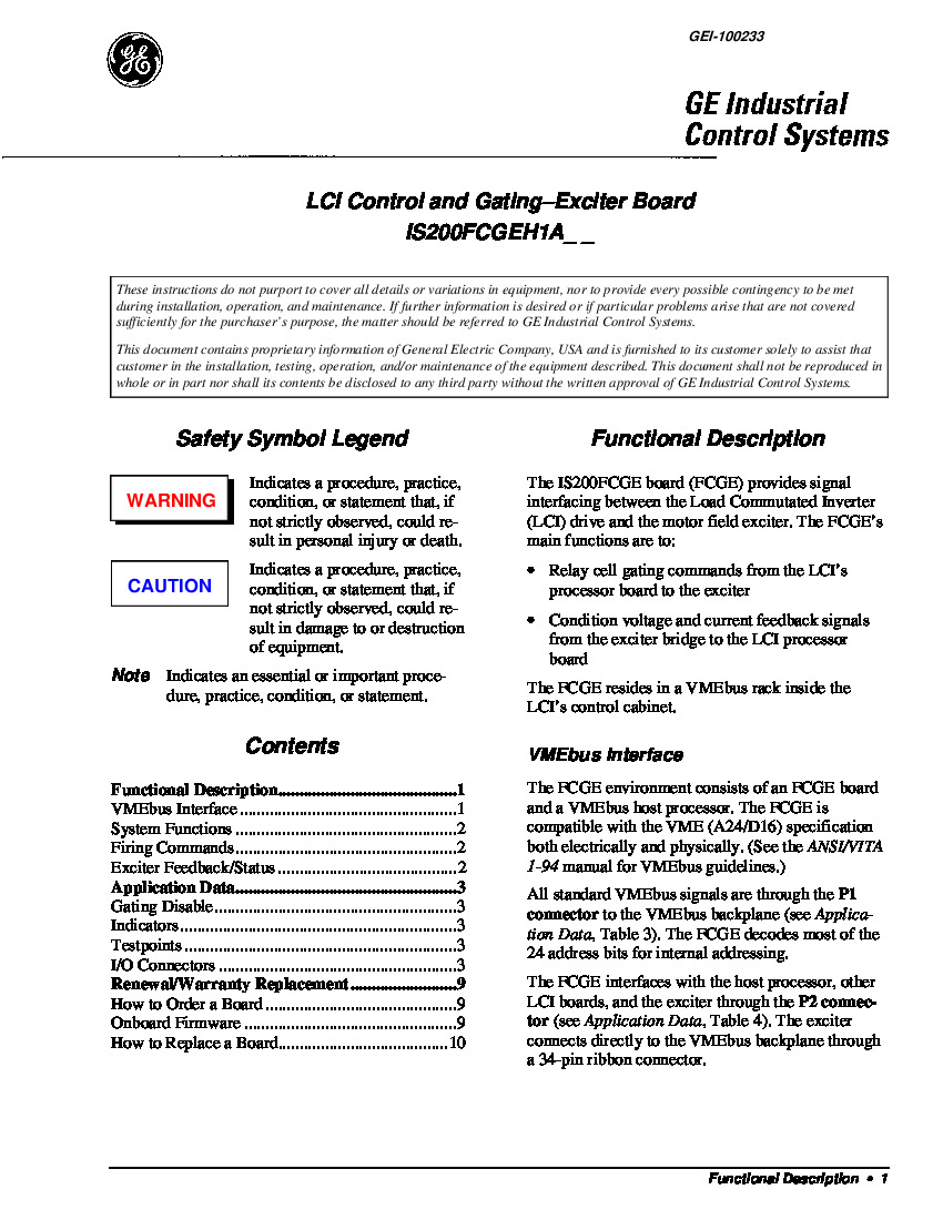 First Page Image of IS200FCGEH1A GEI-100233 Control and Gating Exciter Board.pdf